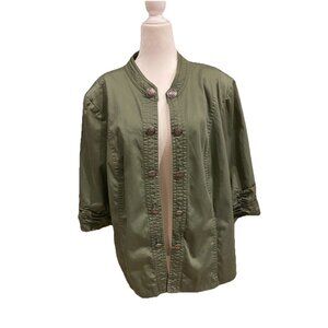 Debbie Morgan Military Style Green Women's Blazer Coin Buttons Ruched Sleeves XL